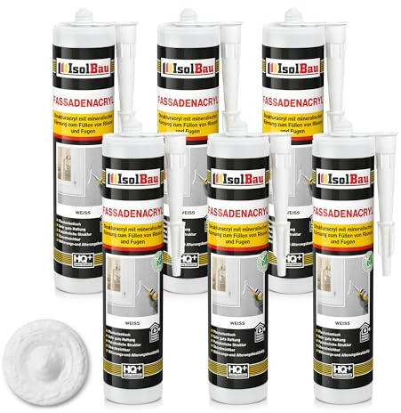 Isolbau Mastic acrylique pour façades avec grain pour combler les fissures et joints en intérieur et en extérieur - Blanc - 6 cartouches de 300 ml