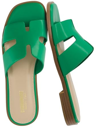 CUSHIONAIRE Voyage Cutout Strap Slides for Women, Slip On Summer Flats, Trendy Footwear, Memory Foam Vegan Leather Comfortable Vacation Style Sandals 2026, KELLY GREEN 7