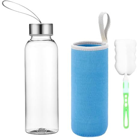 Voarge Botella de cristal, sin BPA, botella clásica con bolsa de nailon, para viajes, deporte, botella de cristal, botella de agua (azul, 750 ml)