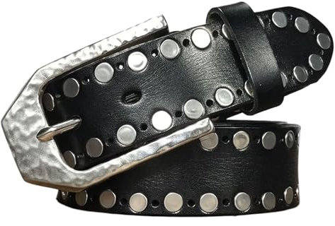WRJAHCG Herren Gürtel Nietengürtel, Gürtel Herren Leder Punk Dornschließe Vintage, Verstellbare Motorrad Echtledergürtel mit Metallschnalle Edelstahl,Schwarz,115CM/45.3''