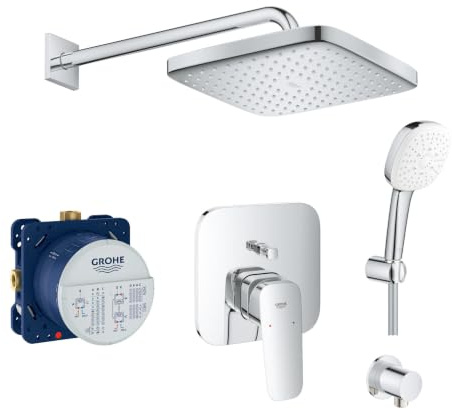 Grohe Duschsystem mit Unterputz Duscharmatur von Grohe Cubeo Regendusche mit Armatur, Duschkopf eckig, Wandarm Dusch-SET GK07 poliert