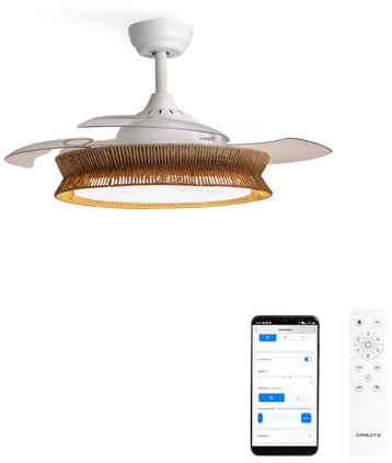 CREATE / WIND CLEAR RATTAN/Deckenventilator mit Beleuchtung Weiß Korbgeflecht mit WLAN und Fernbedienung / 6 Geschwindigkeiten, Sommer-Wintebetrieb, einziehbare Flügel, 40W, Ø107cm