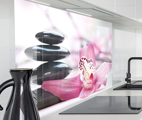 timalo Spritzschutz Wand für Herd, Küche Küchenrückwand Glasoptik | Acryl Glas 2mm | Glasrückwand Acrylglas Wandpaneele Rückwandschutz Platte | 100x50cm Zen Steine Lotusblüte