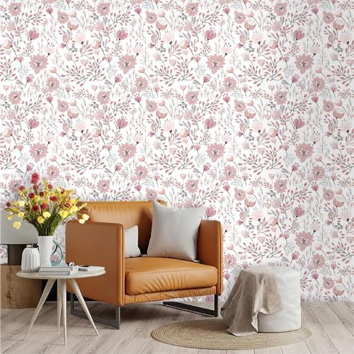 Selbstklebende Tapete Rosa Blume Weiß Strukturtapete Wandtattoo Schlafzimmer Tapete Selbstklebend Vliestapete Wallpaper for Living Room Tapeten Leicht zu Entfernen Wandschutzfolie 45x300cm