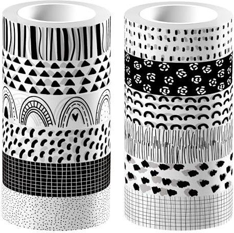 CC HOME Schwarz und Weiß Washi Tape Set 12 Rollen,15mm Decoration Washi Tapet,Masking Tape Dekorative Papier Aufkleber zum Verpacken von Geschenken