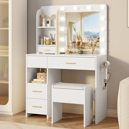 Otterease Vanity Desk with LED Lighted Mirror&Power Outlet, 3 Lighting Colors Makeup Vanity Desk with 5 Large Drawers and 3 Storage Shelves, White Vanity with Storage Stool for Bedroom