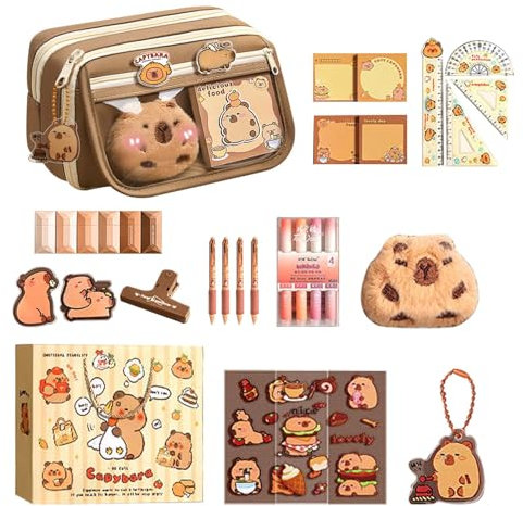 Capybara Federmäppchen Set Tier Stiftemäppchen Ästhetische Mäppchen Mit Reißverschluss, Aufklebern, Neutralstift, Textmarker, Notizblock, Stifthalter, Linealsatz Capybaras Federmappe Aufbewahrungstasc