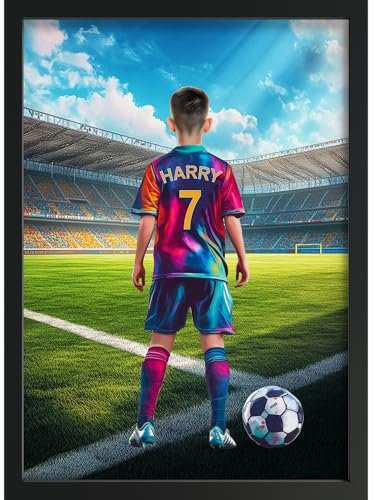 Personalised Football Gifts for Boys | Football Wall Art for Boys Bedroom | Custom Name and Shirt Number, Ideal Gift for Son Grandson Nephew Him | Framed or Unframed Print