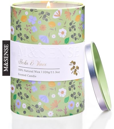 M&SENSE Vela aromática – hierbas aromáticas (320 g 70 h de combustión), vela de cera de soja natural, libre de contaminantes, combustión limpia, ideal para el hogar, bienestar y regalo