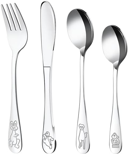 Couverts pour enfants avec gravure, 4 pièces, couverts pour enfants à partir de 3 ans, acier inoxydable, cadeau de baptême personnalisé pour filles et garçons