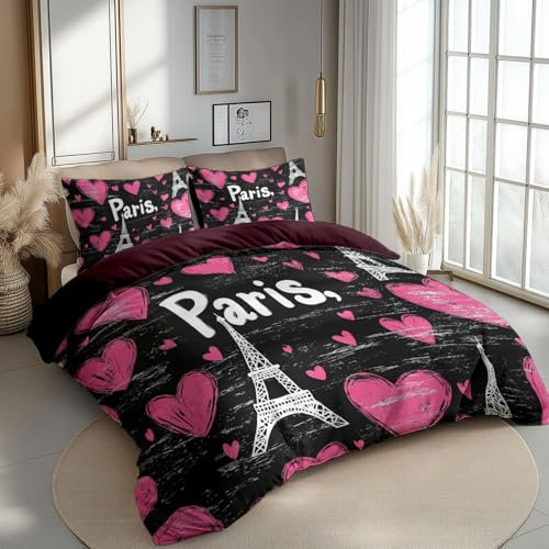 Copripiumino 260 x 240 cm Set letto Chiaretto Stampato Torre Eiffel E Forma Di Cuore Semplice Morbida biancheria da letto matrimoniale per adulti con cerniera