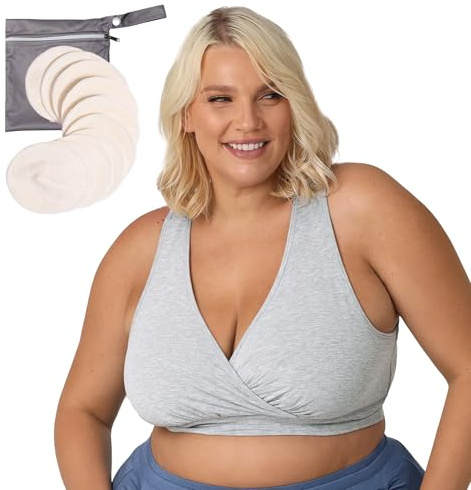 Kindred Bravely French Terry Racerback Nursing Sleep Bra (Grey Heather, X-Large-Busty) & Organic Washable Breast Pads Bundle