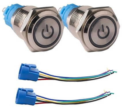 2 Pièces 220V 3A Interrupteur à Bouton Poussoir, 16 mm Bouton Poussoir Lumineux, Étanche avec LED Bleu Intégrée, Contact NO NC, IP65, avec Douille de Connexion, pour Usage Industriel