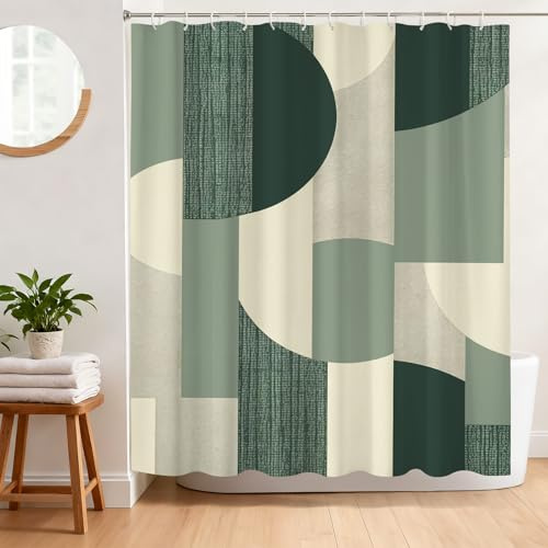 BREASOME Duschvorhang 180x180 cm Anti-Schimmel Duschvorhang Morandi Grün Geometrisch Stoff Polyester Wasserdicht Badewanne Vorhang mit Ösen und 12 Haken