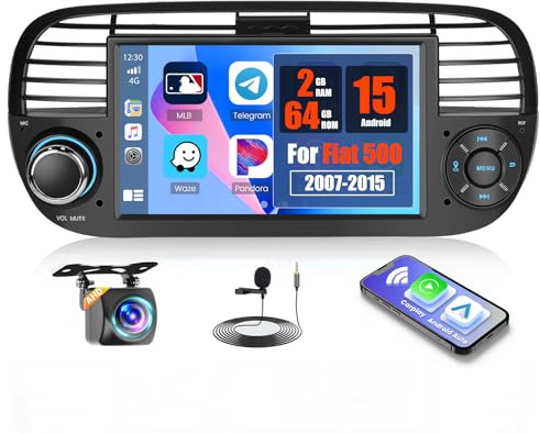 Inefala 2G+64G Android 15 Autoradio per Fiat 500 2007-2015, 7 Touchscreen Stereo Auto Bluetooth con Wireless Carplay & Android Auto GPS/WiFi/RDS/FM Mic Retrocamera