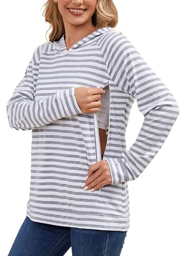 Love2Mi – Felpa con cappuccio da allattamento da donna con cerniera invisibile, maglione premaman a maniche lunghe, per gravidanza e allattamento, L