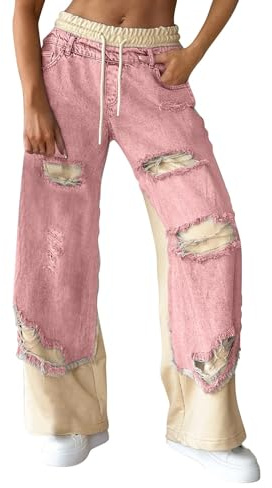Baggy Jeans Damen Patchwork Jeanshose Modische Hip Hop Straight Denim Hose Breites Bein Locker Streetwear Vintage Zerrissen Destroyed Schlupfjeans Freizeithose Ripped Pants Damenjeans