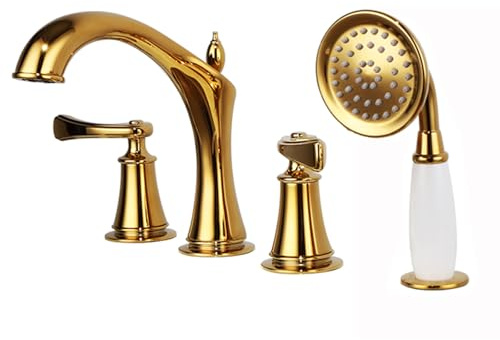 Générique Robinet de Baignoire Robinetterie de Bain Rétro Dorée à 4 Trous avec Pommeau de Douche Extractible Et Flexible à Double Levier Mitigeur Baignoire pour Bain Et Douche