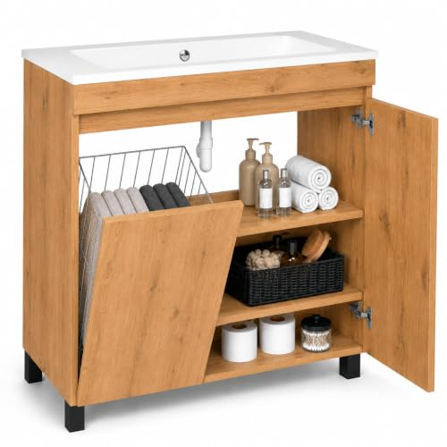 Mobile con lavabo 80 cm Ribera, sospeso o a terra, per bagno, chiusura soft, cestino per biancheria, set di mobili da bagno con lavabo, ripiani aggiuntivi. (Rovere Lancelot, 80)