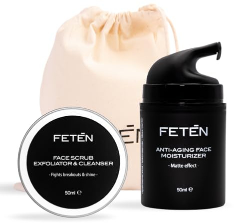 FETEN Anti-Imperfektionsset för Män - Ansiktsskrubb + Återfuktande Kräm med Matt Effekt mot Rynkor - Ansiktsbehandling för Män - Presentset