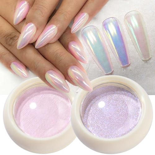 GZMAYUEN Polvere per unghie cromata, 2 colori di pigmento per unghie, Rosa/Aurora Perla Viola Polvere per unghie cromata Aurora Ice Shimmer, pigmento cromato per unghie per DIY Salon