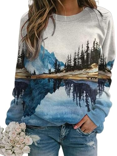 Women's Forest 3D Printed Pullover Sweatshirt Round Neck Long Sleeve T-Shirts Mountain Scenery Print Jumper Casual Loose Sweater Tops