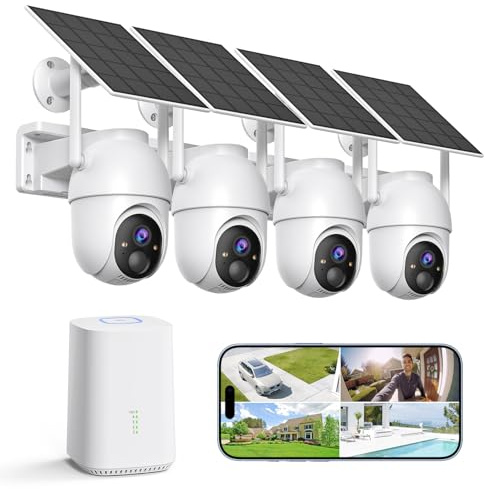 BOOPEX 2K Überwachungskamera Aussen Akku Solar, 4-Cam-Set mit Basisstation | 360° PTZ Kabellos, 32G Lokaler Speicher, Keine Gebühren, KI-Erkennung, Farbe Nachtsicht 2 Wege Audio, 5G/2,4G WLAN, für Haus