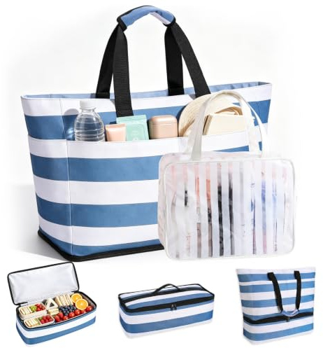 Strandtasche XXL Familie mit Kühlfach, 54L Groß Strandtasche mit Reißverschluss Wasserdicht Sanddicht, Faltbare Badetasche Mädchen Handtasche Shopper Damen für Reisen Fitnessstudio Picknick Pool