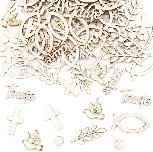 200 Piezas Decoración de Mesa Bautizo y Comunión, Confeti de Madera con Cruz, Pez, Paloma, Letras Taufe, Adornos de Madera de Álamo 2,5cm para Decoración Bautismo Niño Niña y Confirmación