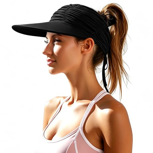 Fjquamitix Sun Visors for Women Wide Brim Hat Women UPF 50+ UV Protection Adjustable Tie Open Top Ladies Sun Hats Packable Ponytail Summer Beach Hat (Black)