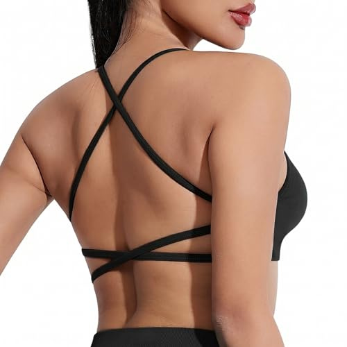 GEEKPC Strappy Cross Back Sports Bra for Women, Removable Padded Halterneck Crop Top, Low Impact Yoga Pilates Gym Bra with Open Back, Soft Brushed Four Way Stretch Fabric