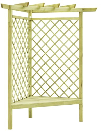 Kaloriko Pérgola esquinera con banco de madera de pino impregnada, 130 × 130 × 197 cm, soporte estable para rosas, clemátides, enrejados, decoración de jardín para terraza, balcón, exterior
