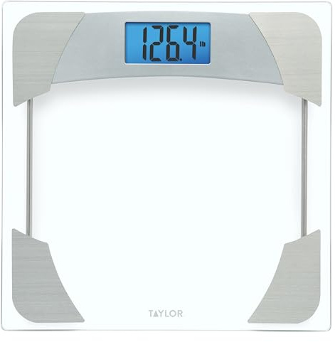Taylor Digital Scales for Body Weight, 400 LB Capacity, Unique Blue LCD, Stainless Steel Accents, Glass Platform, 12.2 x 12.2 Inches, Clear