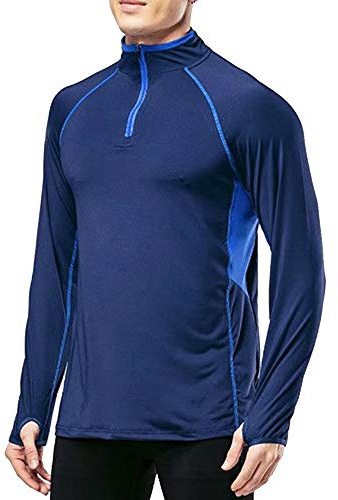 Men Quarter Zip Running Active T Shirts Workout Long Sleeve Blue L