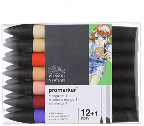 Winsor & Newton 0290139 ProMarker, Professioneller Layoutmarker - 2 Spitzen, fein und breit für Zeichnungen, Design und Layouts - 13 Farben Set - Manga 1