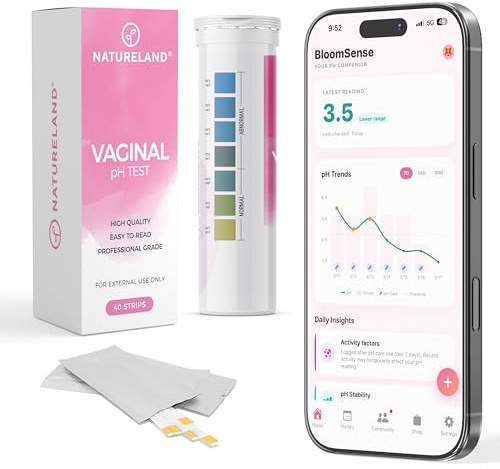 NATURELAND Vaginal pH Test Strips for Women – At-Home BV and Yeast Infection Test Kit, with BloomSense App, Accurate 3.5-6.5 Range, Foil-Sealed (40 Strips)