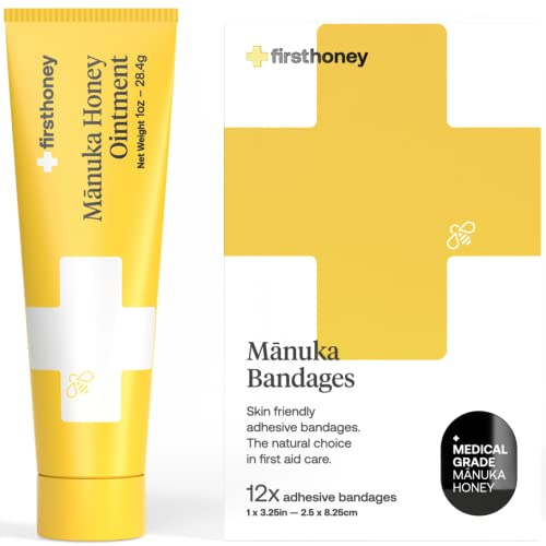 First Honey Manuka Honey Ointment + Honey Adhesive Bandages Bundle | Antibiotic Free Medical Grade | Burns, Cuts, Scrapes, Wound Care, Skin Irritation