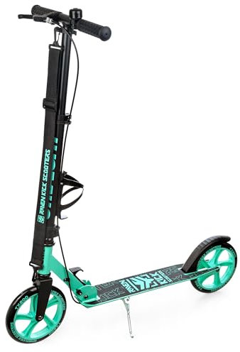 RAVEN Scooter Roller Tretroller Kickscooter für Kinder Erwachsene |klappbar | höhenverstellbar | Tragegurt | Klingel | Flaschenhalter (Straight Black/Mint mit Handbremse, 200mm)