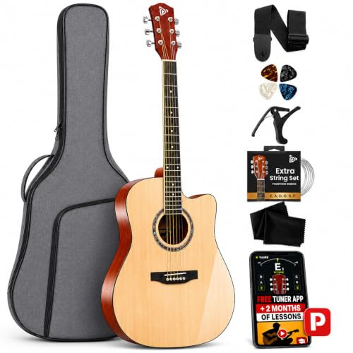 Pyle Full Size Acoustic Guitar Kit, Steel String, Dreadnought Cutaway, with Capo, Upgraded Gig Bag, Digital Tuner, 41 Full Size Mega Kit