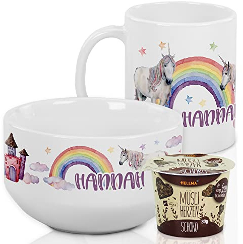 GRAZDesign Frühstücksset Einhorn mit Name – Müslischale & Tasse Keramik | Geschenkset für Jungen und Mädchen, spülmaschinengeeignet