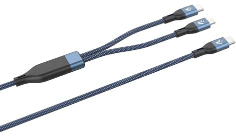 VulTech Cavo Smartphone CS-NCCL12BL in Nylon Intrecciato Type-C to 2 Type-C e Lightning blu 1,2m 5.0A 100W – PD 5A QC 3.0 – MacBook Pro/Air, iPhone 16/Pro/Pro Max, Samsung S25 Ultra, iPad Pro/Air/Mini