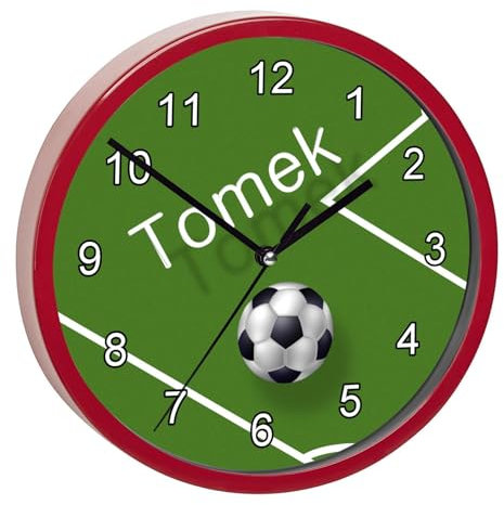 CreaDesign, Wanduhr Kinder personalisiert mit Name, Motiv Fußball, Rahmen Wanduhr rot, Ø 19,5 cm