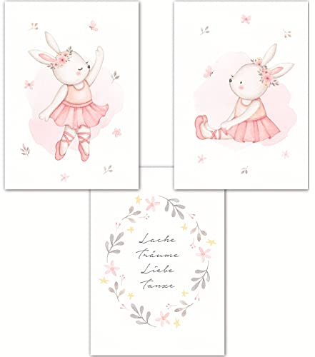 double critical Lemmami Papeterie 3er Set Boho Deko Wandbilder Kinderzimmer Babyzimmer Poster Bilder Mädchen Jungen (Rosa Ballett Hase Ballerina)