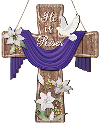 BBTO Easter Door Sign He Is Risen Hanging Decor Religious Cross Sign Easter Wreaths for Front Door Christian Flowers Lent Hanging Hanger for Farmhouse Front Porch (Cross,13.1 x 10.6 Inches)