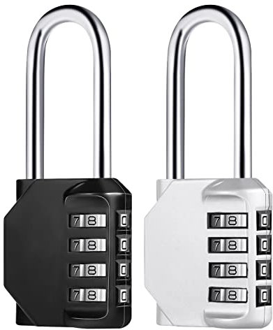 2 Stück Vorhängeschloss Langer Bügel, Zahlenschloss 4 Stellig Vorhängeschloss Mit Zahlencode Metall, Schloss mit Zahlencode Wetterfest für Spind Fitnessstudio Werkzeugkasten (Schwarz, Sliber)