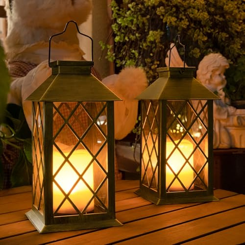 TAKE ME 14 Solar Lanterns Outdoor Waterproof Garden Lanterns Flameless Candle Mission Lights for Table,Outdoor,Party Mothers Day Gifts ( 2 Packs Brush-Painted Antique Bronze Color)