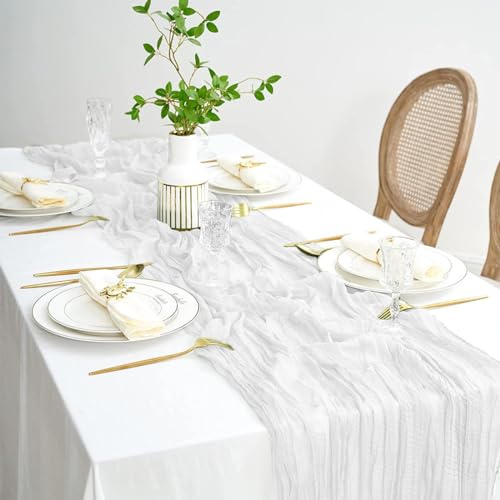 Bordslöpare i vitt, 90 x 400 cm, skirt voilégardin, lång romantiskt halvtransparent tyg, bordsduk för barnkalas, födelsedagsfester eller som bröllopsbordsdekoration