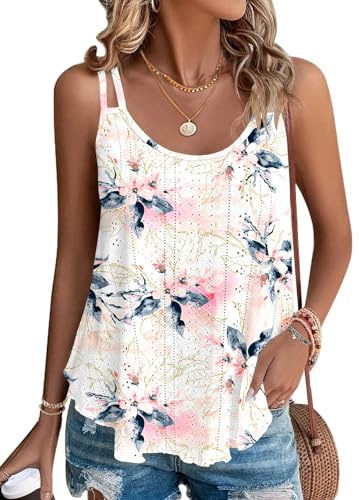 WNEEDU Tops sans Manches débardeur d’été Femmes Gilet de Cou Chemisiers décontractés lâches Chemises pour Femmes Gilets pour Dames Chemise Caraco débardeurs de Base Fleur Blanche et Rose M