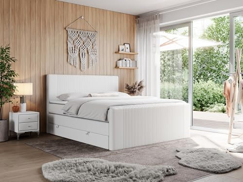 MKS MEBLE Boxspringbett Doren King 160x200 cm, Polsterbett mit Kopfteil und Bettkasten, Bett mit Multipocket-Matratze H3, Boxspringbett mit Topper T25 - Weiß Kunstleder