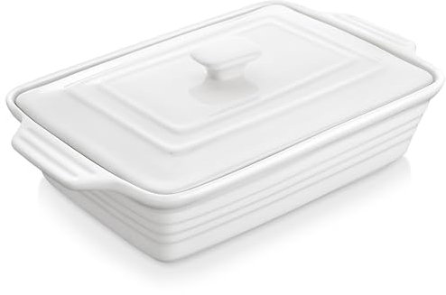 MALACASA Fuente para Hornear de 4.4 Cuartos de Galón Con Tapa, Cacerola de Porcelana, Sartén para Lasaña de 13 x 9 Pulgadas, Utensilios Rectangulares Con Asa, Apto para